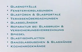 Eine weiße Seite mit einer Liste deutscher Wörter, die mit Glas zu tun haben, einschließlich Begriffe wie 'Glasnotfälle', 'Fensterverglasungen', 'Glastüren & Glasportale', 'Terrassenüberdachungen', 'Glasgeländer', 'Reparatur bei Glasbruch & Versicherungsverrechnung', 'Spiegel', 'Glastischplatten', 'Ganzglasduschen & Glaswände', 'Küchenrückwände'.