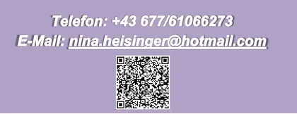 Ein violetter Hintergrund mit weißem Text, der eine Telefonnummer und eine E-Mail-Adresse anzeigt. Darunter befindet sich ein QR-Code.