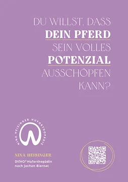 Ein lila Poster mit fetter weißer Schrift, die fragt, ob du möchtest, dass dein Pferd sein volles Potenzial ausschöpft. Es enthält ein Logo, einen QR-Code und den Namen Nina Heisinger.