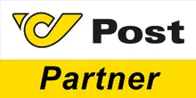 Das Logo für Post Partner ist zu sehen. Es zeigt einen gelben Pfeil nach rechts, mit dem Wort 'Post' in Schwarz und 'Partner' in Schwarz darunter.
