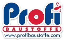 Ein Logo für Profi Baustoffe, mit einem blau-roten Farbschema und einer roten Biene auf der rechten Seite.