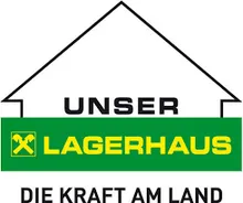 Ein Logo für Lagerhaus, ein deutsches Unternehmen, mit einem Haussymbol und dem Text 'Die Kraft am Land' darunter.