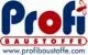 Das Bild zeigt das Logo von Profi Baustoffe, einem Unternehmen, das Baumaterialien verkauft. Das Logo zeigt den Firmennamen in Blau und Rot, mit einem roten Kreis in der Mitte und einem kleinen Schmetterlingssymbol auf der rechten Seite.
