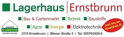 Ein Werbeposter für Lagerhaus Ernstbrunn, das ihre Adresse, Telefonnummer und Dienstleistungen wie Bau, Gartenmarkt, Technik, Baustoffe, Agrar, Energie und Elektrotechnik zeigt.