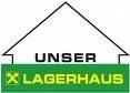 Ein Logo für Lagerhaus mit einem grünen und weißen Farbschema. Das Logo zeigt eine dreieckige Form mit dem Wort 'UNSER' in fetten schwarzen Buchstaben und dem Wort 'Lagerhaus' in gelben Buchstaben.