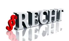 Das Wort 'Recht' ist in weißen und roten 3D-Buchstaben auf weißem Hintergrund dargestellt. Das Wort ist in einer fetten, serifenlosen Schrift geschrieben.