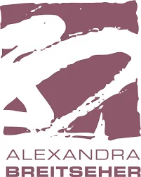 Ein burgunderrotes Logo mit dem Namen Alexandra Breitseher in weißer Schrift. Das Logo zeigt eine stilisierte, abstrakte menschliche Figur mit einem fließenden, dynamischen Design.
