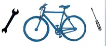 Eine Illustration eines blauen Fahrrads mit einem Schraubenschlüssel und einem Schraubendreher auf weißem Hintergrund.