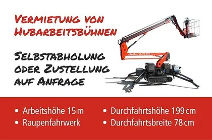 Werbung für einen Vermietungsservice eines roten Raupenkrans mit Korb, mit Angaben zu Arbeitshöhe, Fahrhöhe und Spurbreite.
