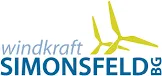Das Logo von Windkraft Simonsfeld, mit einem stilisierten grünen Windrad mit zwei Blättern, vor weißem Hintergrund.