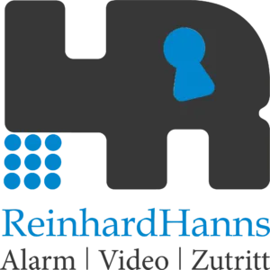 Ein Logo für Reinhard Hanns mit einer Elefantensilhouette, einem Schlüsselloch in der Mitte und blauen Punkten auf der linken Seite.