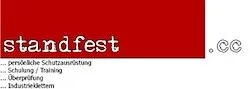 Ein roter und weißer Banner mit dem Wort 'standfest' in fetten weißen Buchstaben. Darunter stehen in kleineren weißen Buchstaben die Wörter 'persönliche Schutzausrüstung, Schulung / Training, Überprüfung, Industriekleinteilem'.