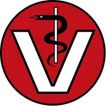 Ein roter Kreis mit einem weißen V in der Mitte. In der Mitte des V befindet sich ein schwarzes medizinisches Symbol mit einer Schlange, die sich um einen Stab wickelt.
