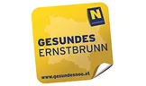 Ein gelber Aufkleber mit einer Karte einer Region im Hintergrund. Die Worte 'GESUNDES ERNSTBRUNN' sind in Blau auf dem Aufkleber geschrieben. Der Buchstabe 'N' befindet sich in einem blauen Kasten in der oberen rechten Ecke. Die Website-Adresse 'www.gesundesnoe.at' ist in Blau geschrieben.