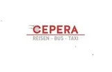 Das Logo von CEPERA, einem Reisebüro, das Bus- und Taxiservices anbietet, auf einem weißen Hintergrund.
