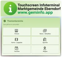 Screenshot einer Webseite, die einen Infoterminal für die Marktgemeinde Eberndorf zeigt. Die Website bietet verschiedene Kategorien wie Firmen, News/Aktuelles, Karte/Lageplan, Sparen, Termine und Region.