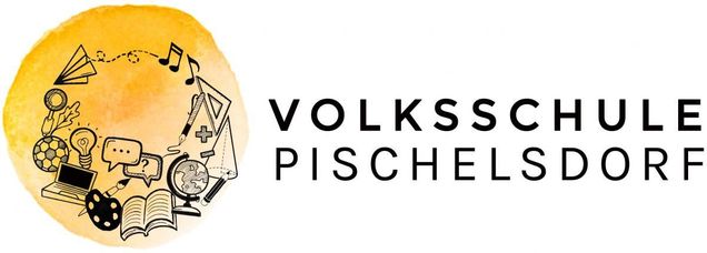 Das Logo der Volksschule Pischelsdorf, mit musikalischen Noten, einem Buch, einem Globus und einem Bleistift.