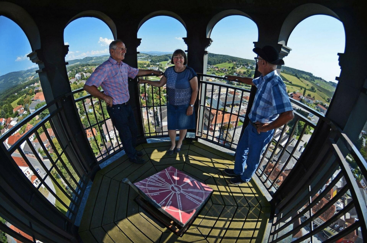 Drei Personen stehen auf einem Balkon eines Turms und blicken auf eine Stadt. Der Balkon hat Metallgeländer. Die Leute lächeln und schauen zur Kamera. Es gibt eine Karte auf einem Tisch vor ihnen.