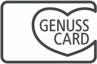 Ein schwarzer Hintergrund mit einem Herzform-Logo, das das Wort GENUS in weißer Schrift und CARD in grauer Schrift anzeigt.