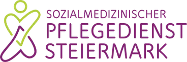 Ein schwarzer Hintergrund mit lila Text, der 'SOZIALMEDIZINISCHER PFLEGEDIENST STEIERMARK' lautet, begleitet von einem grünen und lila Logo einer Person mit einem grünen Häkchen-Symbol.
