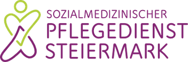 Ein schwarzer Hintergrund mit lila Text, der 'SOZIALMEDIZINISCHER PFLEGEDIENST STEIERMARK' lautet, begleitet von einem grünen und lila Logo einer Person mit einem grünen Häkchen-Symbol.