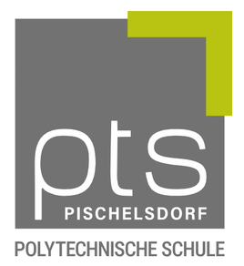 Das Logo der Polytechnischen Schule Pischelsdorf, mit den Initialen 'PTS' und einem gelben Dreieck auf der linken Seite.