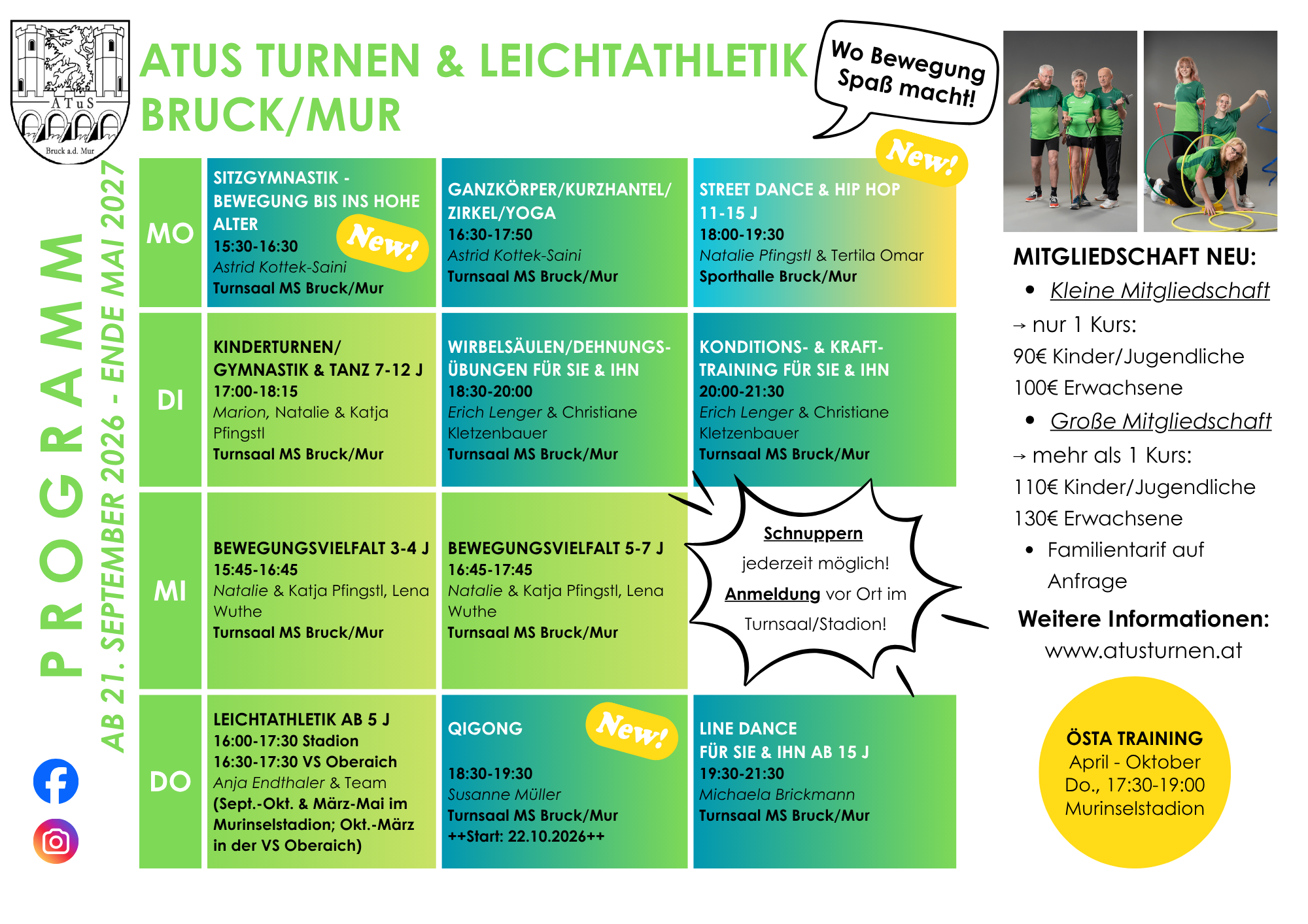 Ein Flugblatt für einen Sportverein mit verschiedenen Aktivitäten wie Gymnastik, Tanz und Kampfsport. Der Flyer enthält einen Zeitplan der Kurse, Namen der Trainer und Orte. Es werden auch neue Kurse und Mitgliedschaftsvorteile hervorgehoben. Der Flyer ist farbenfroh und enthält Bilder von Menschen, die an den Aktivitäten teilnehmen.