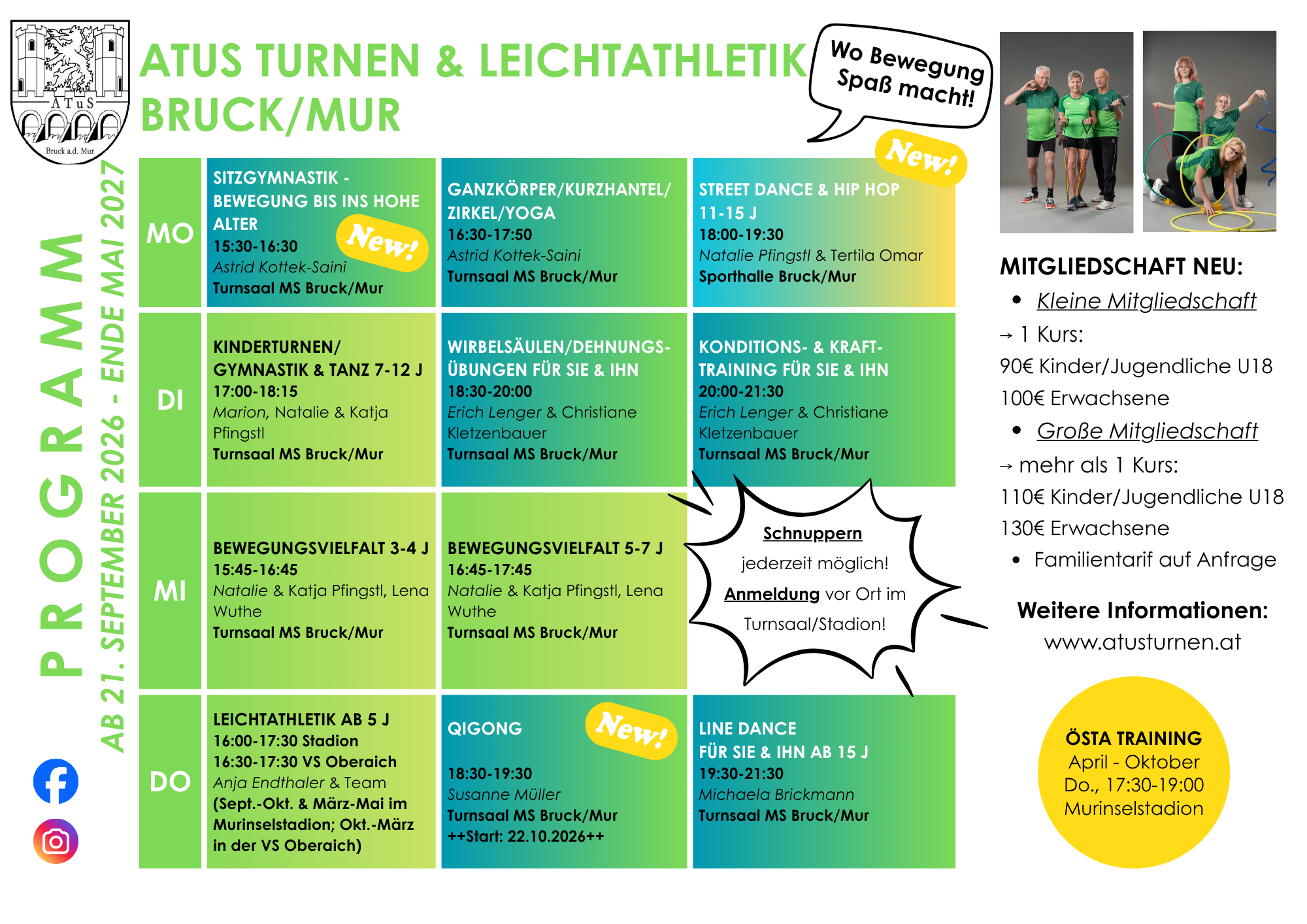 Ein Flyer, der verschiedene Sport- und Fitnesskurse im Turnsaal MS Bruck/Mur anbietet. Kurse umfassen Sitzgymnastik, Ganzkörper/Kurzhantel, Street Dance & Hip Hop, Kinderturnen/Gymnastik, Wirbelsäulen/Dehnungsübungen und mehr. Jeder Kurs hat eine bestimmte Zeit und einen bestimmten Lehrer.