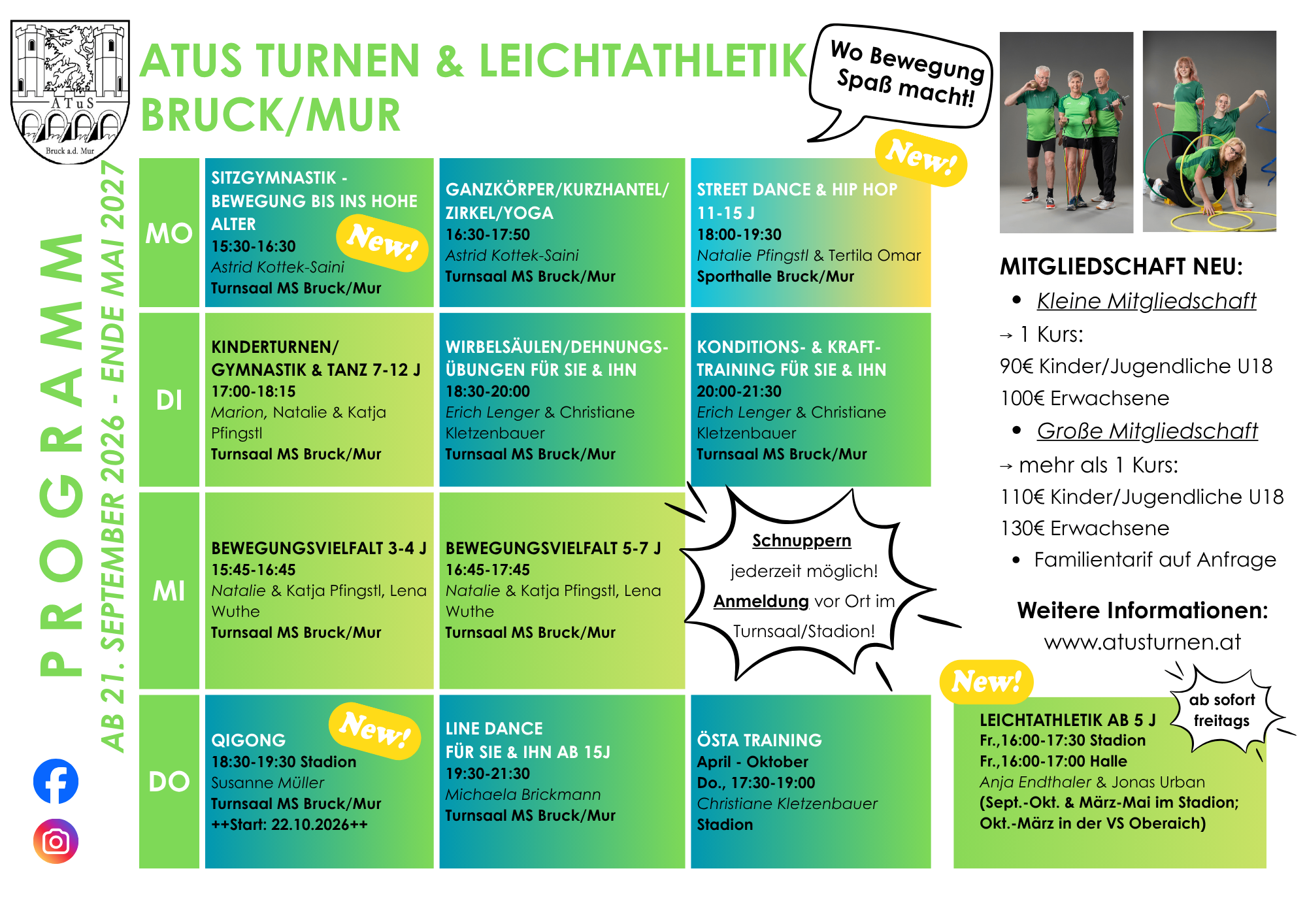Ein Flugblatt mit verschiedenen Fitnessaktivitäten aufgelistet, einschließlich Gymnastik, Tanz, Yoga und mehr. Jede Aktivität hat eine bestimmte Zeit und einen Trainer. Der Flyer enthält auch Mitgliedschaftsinformationen und eine Website für weitere Details.
