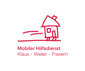 Ein Logo für mobilen Hilfsdienst mit einem roten Haus und dem Text 'Mobiler Hilfsdienst Klaus - Weiler - Fraxern' auf schwarzem Hintergrund.