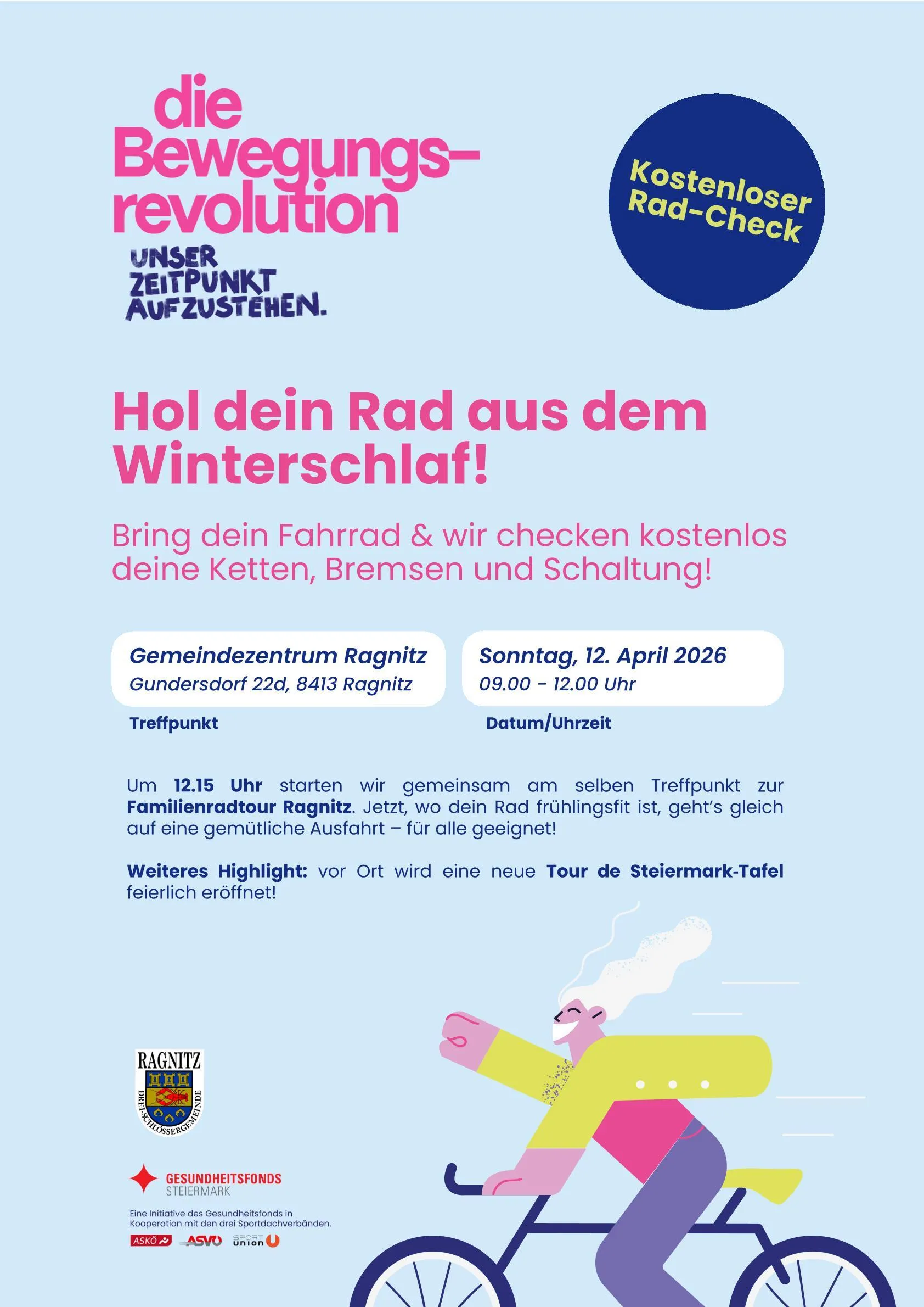 Plakat für eine kostenlose Fahrrad-Überprüfungsveranstaltung in Ragnitz am 12. April 2026. Beginn um 09:00 Uhr, Ende um 12:00 Uhr. Familienradtour um 12:15 Uhr.