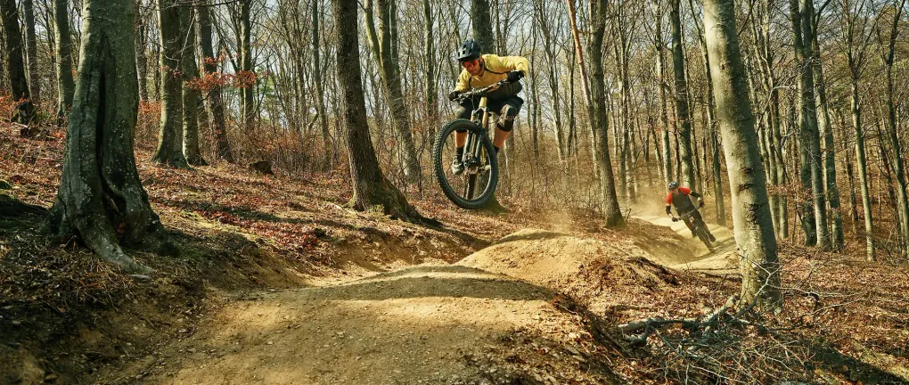  Abschnitt Bild: Ein Mountainbiker in einem gelben Shirt springt von einem Erdweg im Wald. Das Fahrrad ist in der Luft, und Staub wirbelt hinter ihm auf.