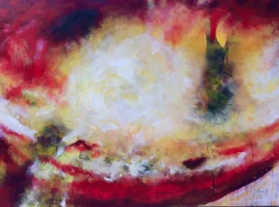 Abstraktes Gemälde mit roten, gelben und weißen Farben. Die Farben verschmelzen zu einem lebendigen und dynamischen Bild. Das Gemälde hat einen leicht verschwommenen Effekt, der zu seiner abstrakten Natur beiträgt.