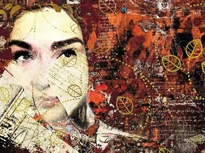 Abstraktes Porträt einer Frau mit einem Gesicht, das mit Papierausschnitten, gelben Blättern und einem lebhaften orange-schwarzen Hintergrund bedeckt ist.