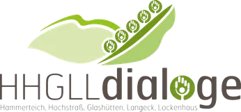 Das Logo für HGL Dialog zeigt eine grüne Erbsenschote mit grünen Erbsen auf schwarzem Hintergrund.