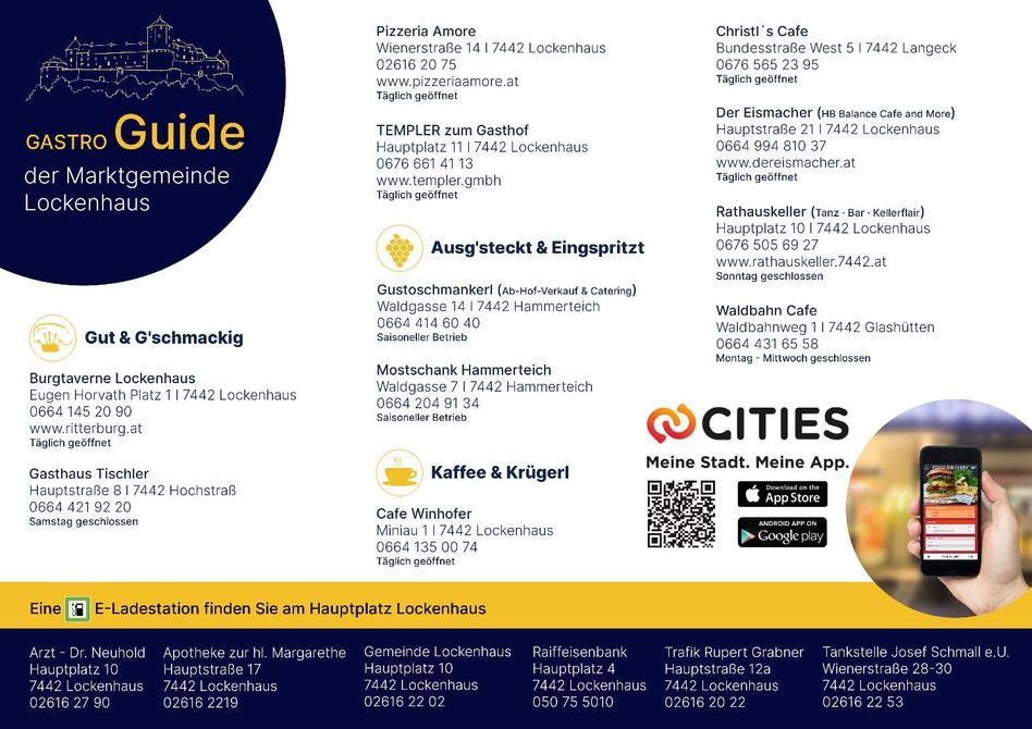 Ein Flyer mit verschiedenen Geschäftsauflistungen, einschließlich Pizzerien, Cafés und Restaurants, zusammen mit ihren Adressen und Kontaktinformationen. Der Flyer enthält auch QR-Codes für App-Downloads.