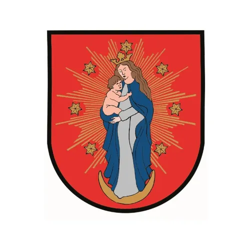 Eine Illustration der Jungfrau Maria, die ein Baby auf dem Schoß hält, beide stehend auf einem Halbmond, umgeben von Sternen, vor einem roten Hintergrund.