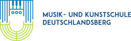 Schwarzer Hintergrund mit einem blauen und gelben Logo und dem Text 'Musik- und Kunstschule Deutschlandsberg' in blauer Schrift.