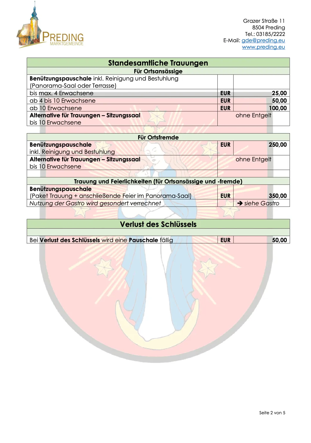 Das Bild zeigt eine Tabelle mit Gebühren für eine Panoramasauna, einschließlich Reinigung und Aufstellung, und Gebühren für Hochzeiten und Feiern. Es gibt auch Gebühren für verlorene Schlüssel.