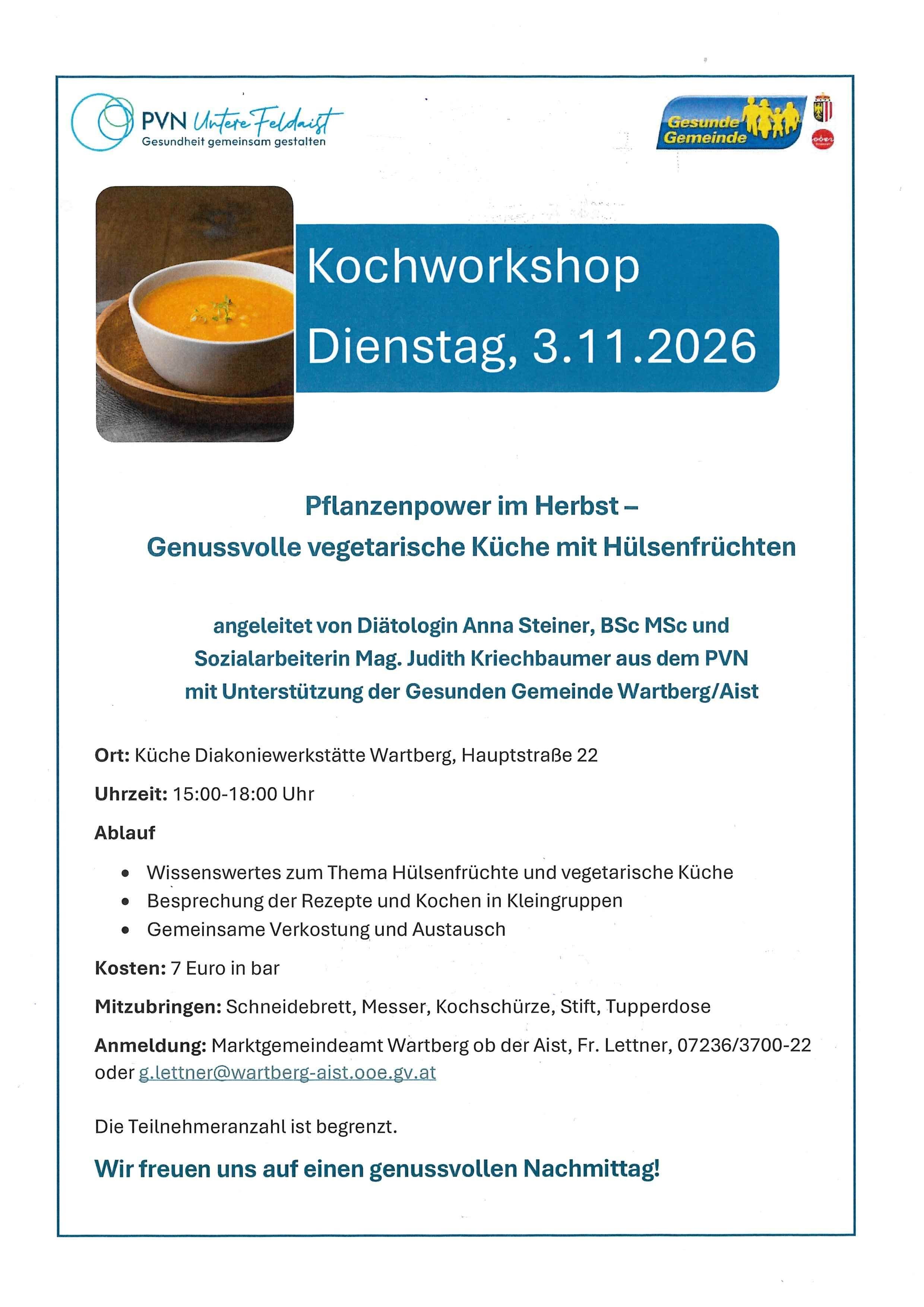 Plakat für einen Gemüsekochkurs am 3. November 2026 mit einer Schüssel Suppe und Details zur Veranstaltung.