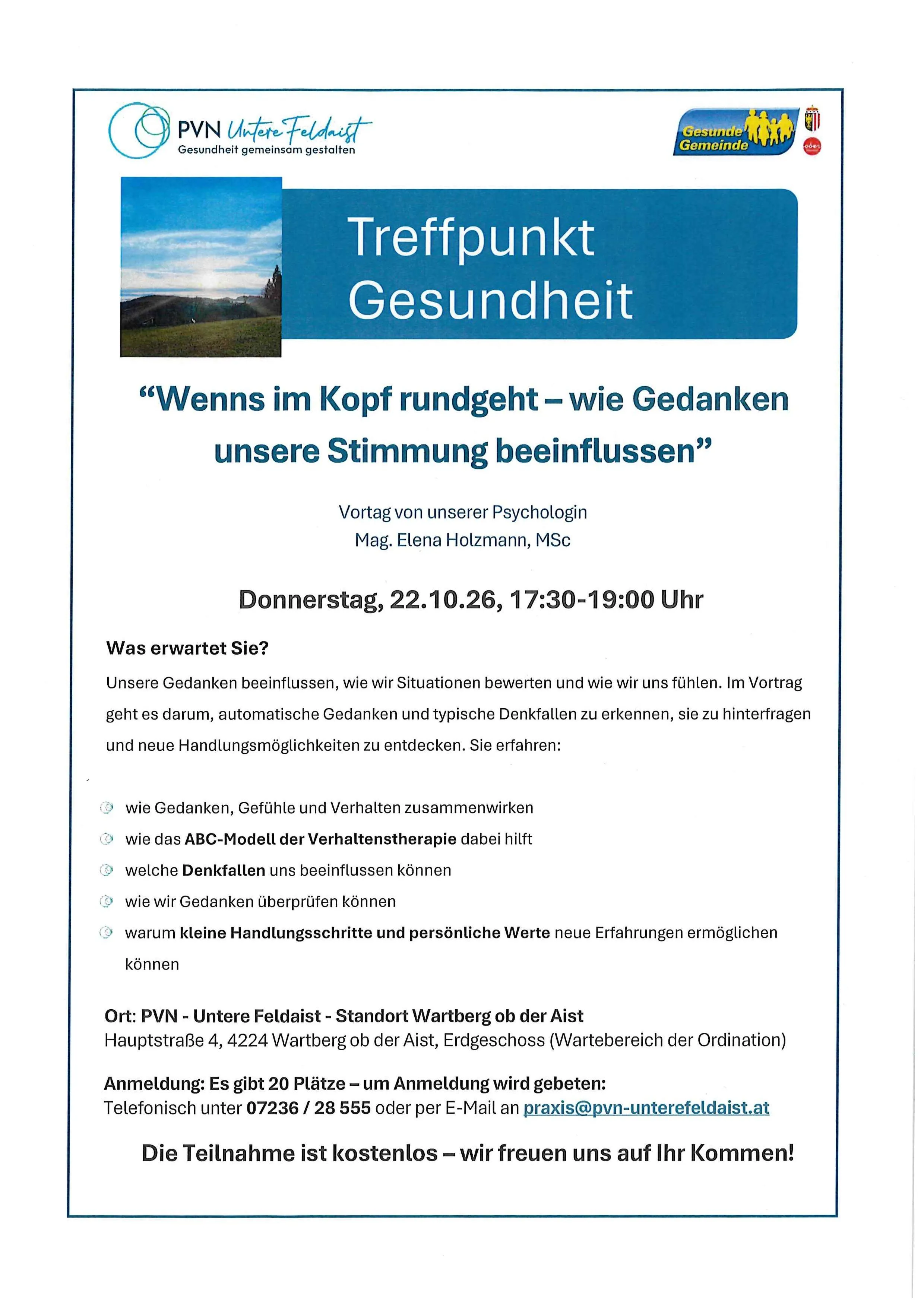 Ein Flyer für einen Psychologievortrag über den Einfluss von Gedanken auf die Stimmung, mit einer Landschaftsaufnahme und Details zur Veranstaltung.