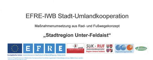 Das Bild zeigt einen weißen Hintergrund mit fettem schwarzen Text. Der Text lautet 'WB Stadt-Umlandkoo' und 'Stadtregion Unter-Feldais'. Darunter befinden sich Logos und Texte für 'SUK-RUF', 'Land', 'Oberösterreich' und 'Stadtumlandkooperation Region Untere Feldais'.