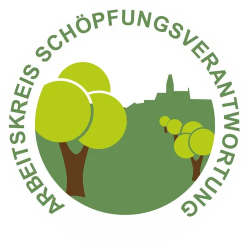Ein Logo für den Kreis Schopfungsverbund mit grünen Bäumen und einer Schlosssilhouette im Hintergrund.