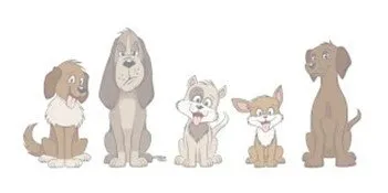 Fünf Hunde sind in einer Reihe aufgereiht, jeder mit einzigartigen Gesichtsausdrücken. Die Hunde variieren in der Größe, von einem kleinen Kätzchen bis zu einem großen Hund, und zeigen eine Reihe von Hundemerkmalen.