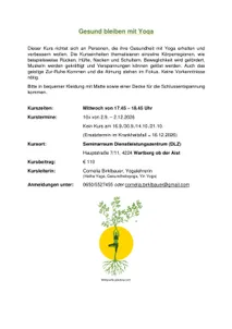 Ein Flugblatt für einen Yoga-Kurs mit Angaben zum Zeitplan, Ort und Kursleiter. Es enthält ein Baumgrafik und Kontaktinformationen.