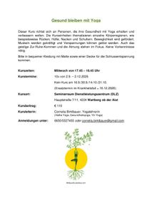 Ein Flugblatt für einen Yoga-Kurs mit Angaben zum Zeitplan, Ort und Kursleiter. Es enthält ein Baumgrafik und Kontaktinformationen.