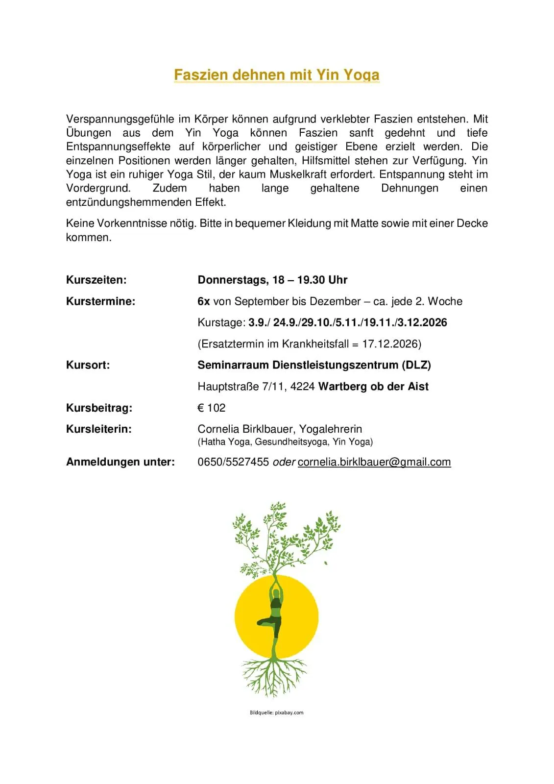 Ein Flyer für einen Yoga-Kurs, mit einer Person in einer Yoga-Pose, Daten, Zeiten und Kontaktinformationen.