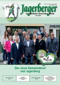Plakat mit dem neuen Gemeinderat von Jagerberg, abgebildet ist ein Gruppenfoto vor einem Gebäude. Das Datum Juli 2025 ist angegeben, das Bild enthält ein Logo und erwähnt ein Fest am 21. September.