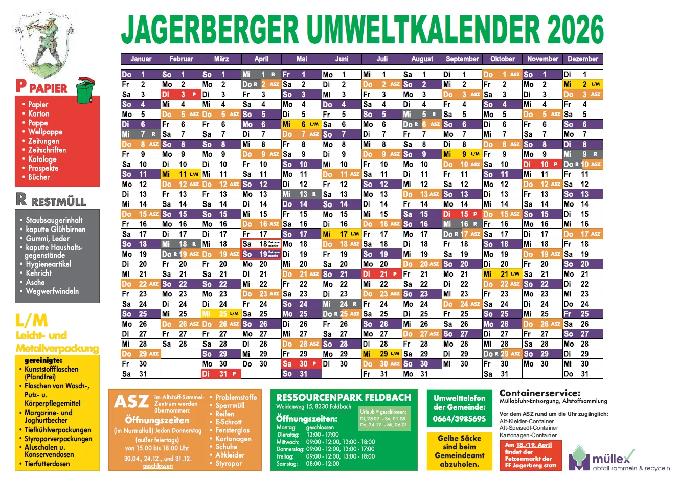 Der Jaegerberger Umweltkalender 2023 zeigt den Zeitplan für die Containerleerung an, mit Spalten für jeden Monat und Zeilen für jeden Tag des Monats. Der Kalender enthält Tage, die für die Sperrmüll-, Feinschrottglas-, Schüttgut-, Altkleider- und Sytropor-Sammlung markiert sind. Zusätzliche Hinweise geben spezielle Sammeltage für bestimmte Gebiete an.