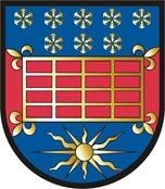 Ein Wappenschild mit einem blauen Schild, goldener Sonne und rotem Gittermuster, eingefasst von goldenen Lilien.